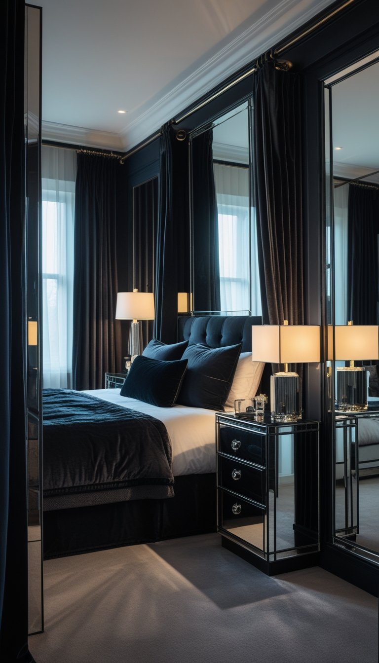 A bedroom with a bed, mirrored furniture with dark metal frames, soft lighting, and dark-colored decor.
