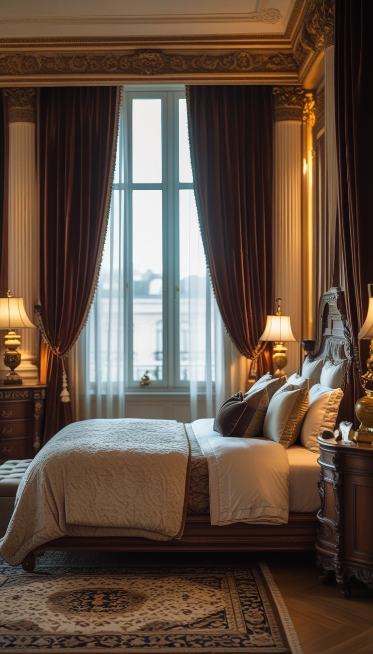 A bedroom with large velvet curtains, a bed, wooden furniture, and warm lighting.
