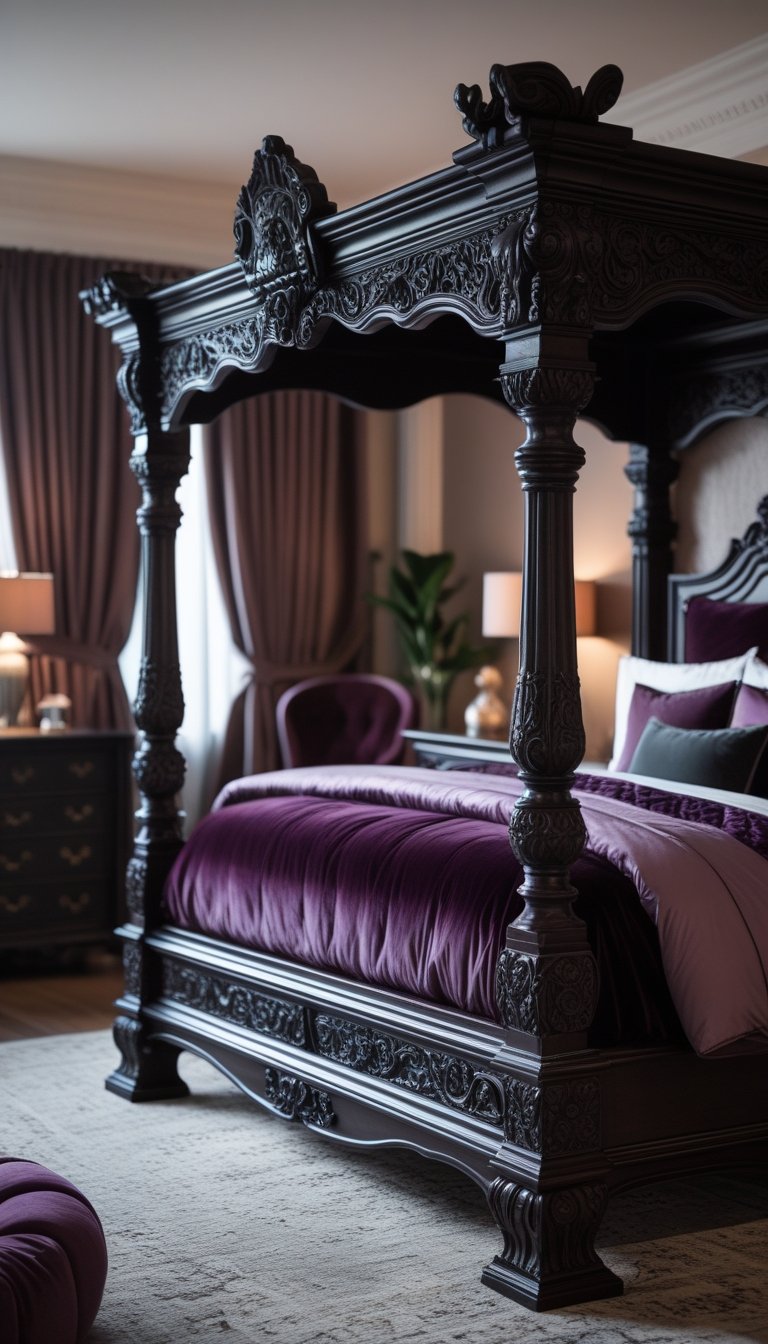 A bedroom with a carved dark wood bed, matching furniture, and soft bedding in deep colors.