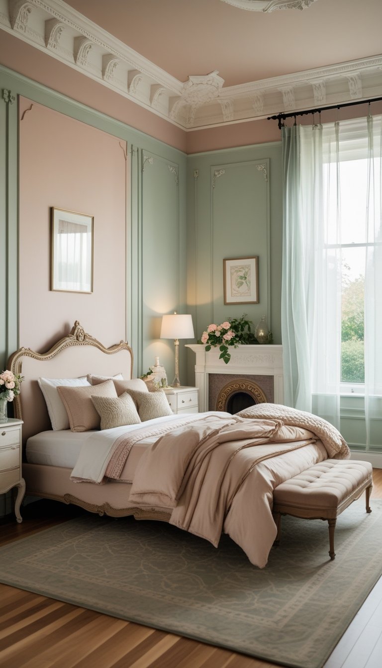 A bedroom with pastel-colored walls, a bed with pillows, a window with curtains, and a fireplace.