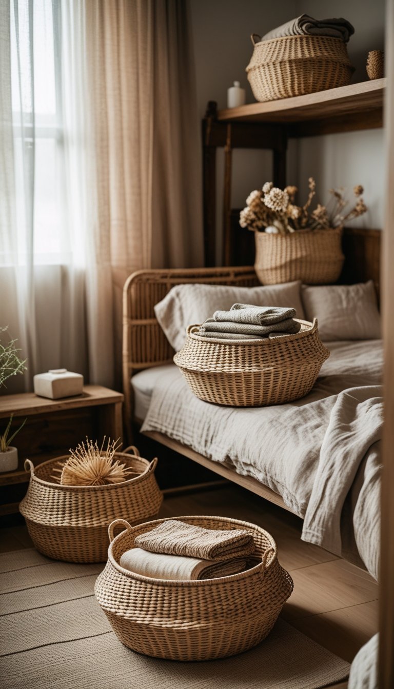 A bedroom corner with woven rattan baskets on shelves and floor, surrounded by wooden furniture, soft bedding, and plants.
