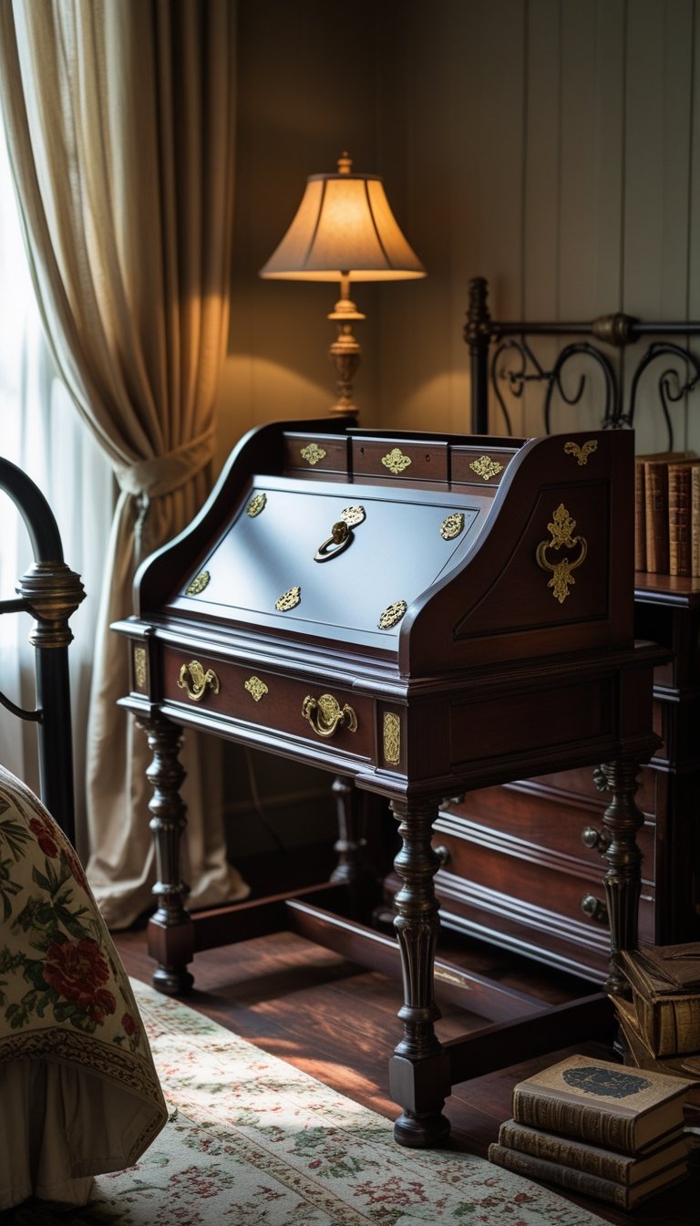 An old-fashioned wooden writing desk with brass accents in a warmly lit bedroom with a bed and vintage decor.