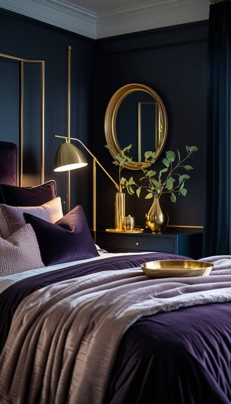 A dark bedroom with a bed, gold and brass accent pieces, soft lighting, and decorative items creating a warm and inviting atmosphere.