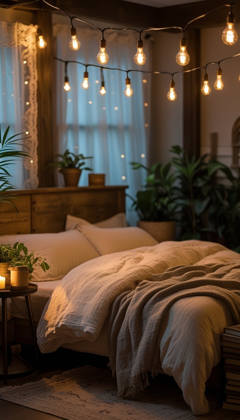 A cozy bedroom lit by warm Edison bulb string lights hanging above a wooden headboard, with rustic furniture and plants.