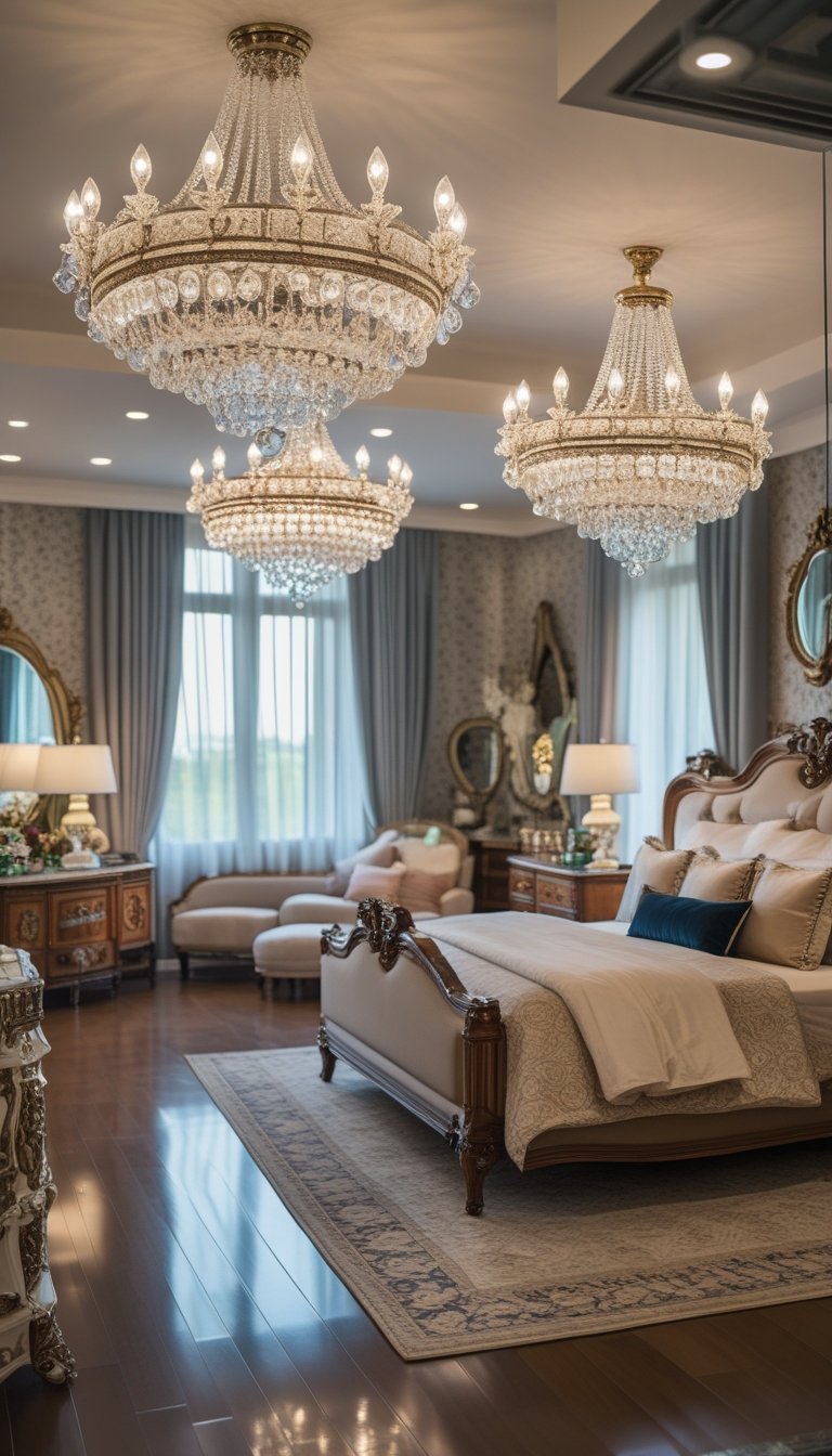 A spacious bedroom with multiple crystal chandeliers hanging from the ceiling, featuring a large bed, vintage furniture, and soft natural light coming through the windows.
