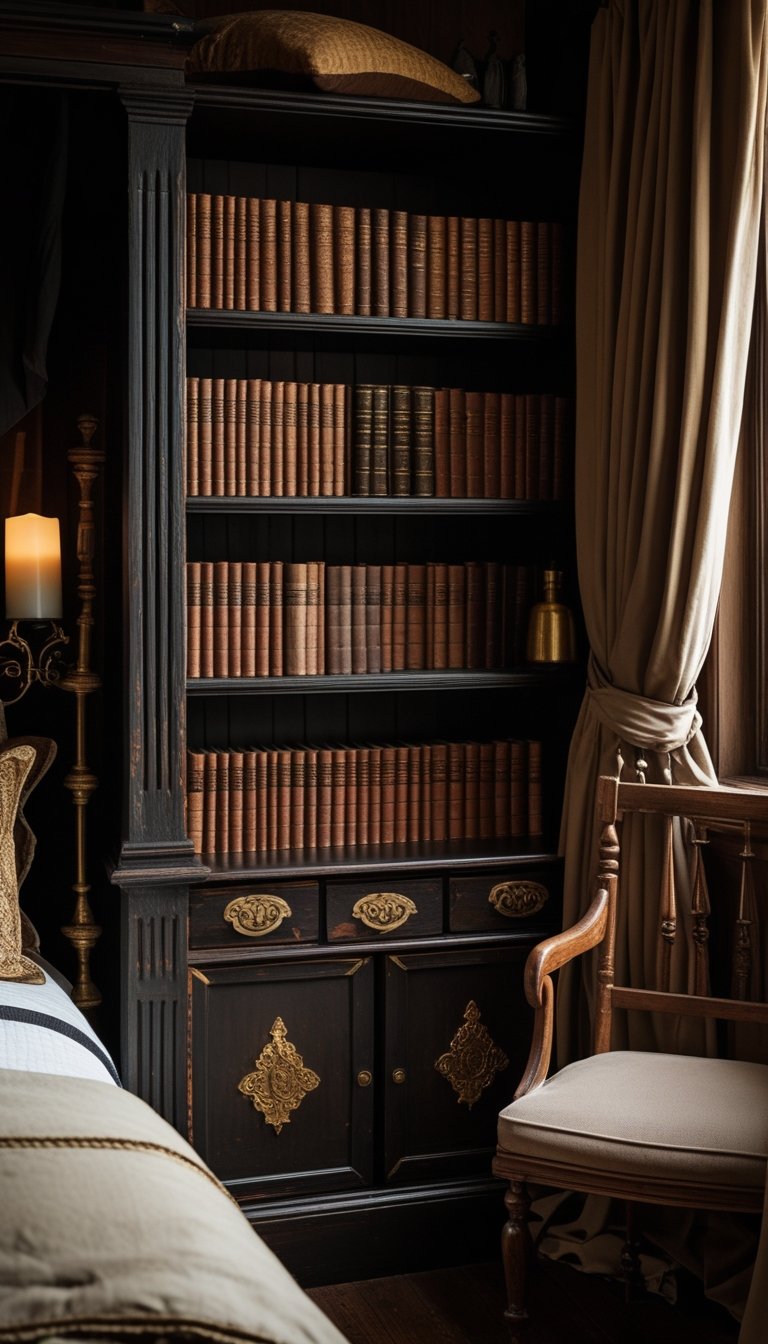 A bedroom corner with dark wooden shelves filled with stacked leather-bound books and warm lighting.