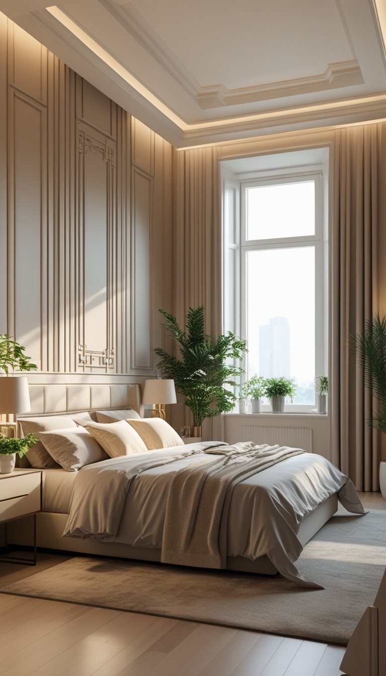 A well-lit bedroom with a large bed, decorative wall paneling, bedside lamps, and plants creating a cozy and elegant atmosphere.
