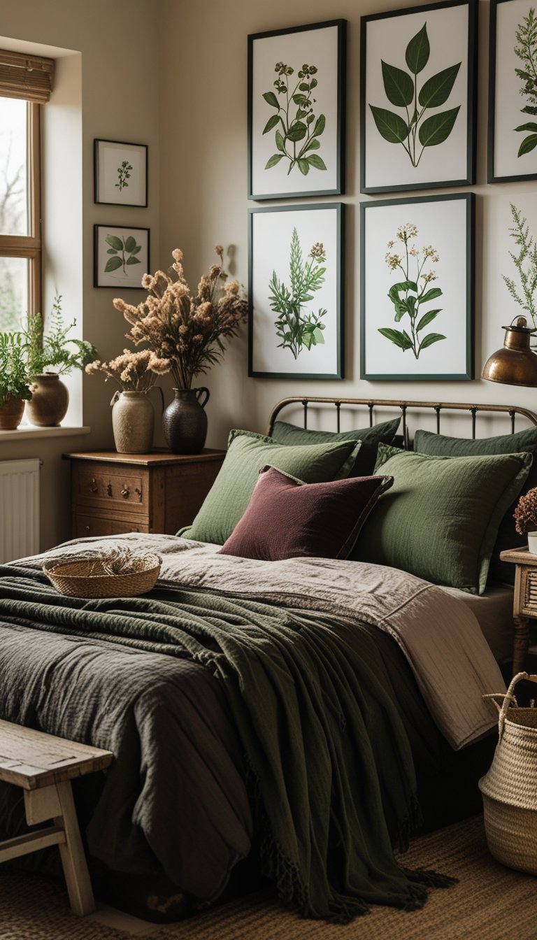 A cozy bedroom with dark bedding, botanical framed prints on the walls, wooden furniture, and natural decor elements.