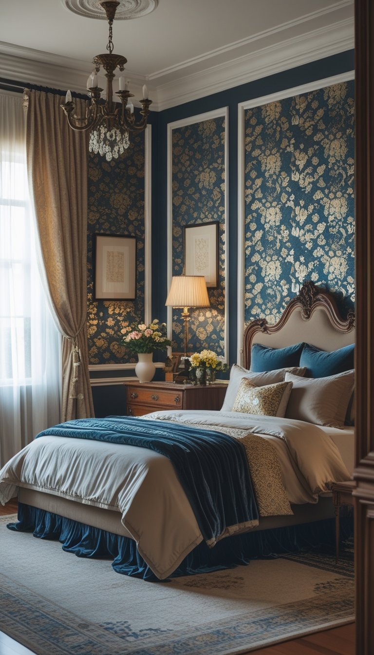 A bedroom with a bed, patterned wallpaper on the wall behind it, wooden furniture, a chandelier, and natural light coming through a window.