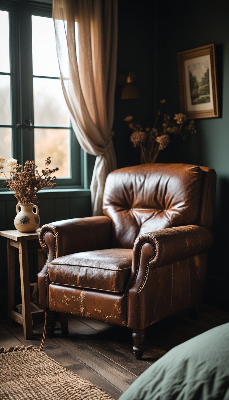 A cozy bedroom corner with a distressed brown leather armchair near a window, a small wooden side table with dried flowers, and soft natural light.