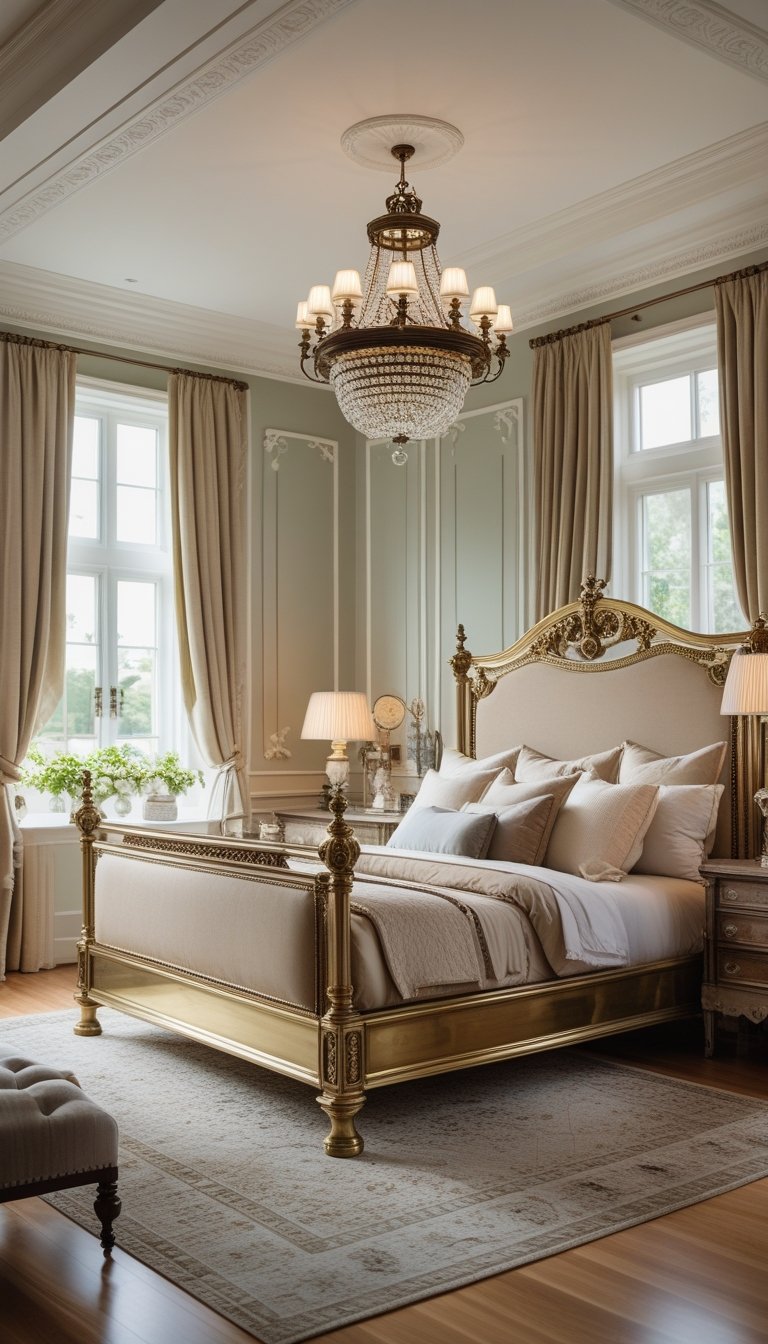 A bright bedroom with an antique brass bed frame, bedside tables with lamps, tall windows with curtains, and wooden floors.
