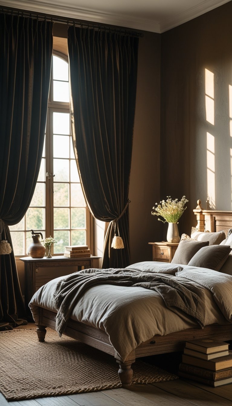 A cozy bedroom with dark velvet curtains, a wooden bed with pillows and linens, a nightstand with flowers, and soft natural light coming through the window.