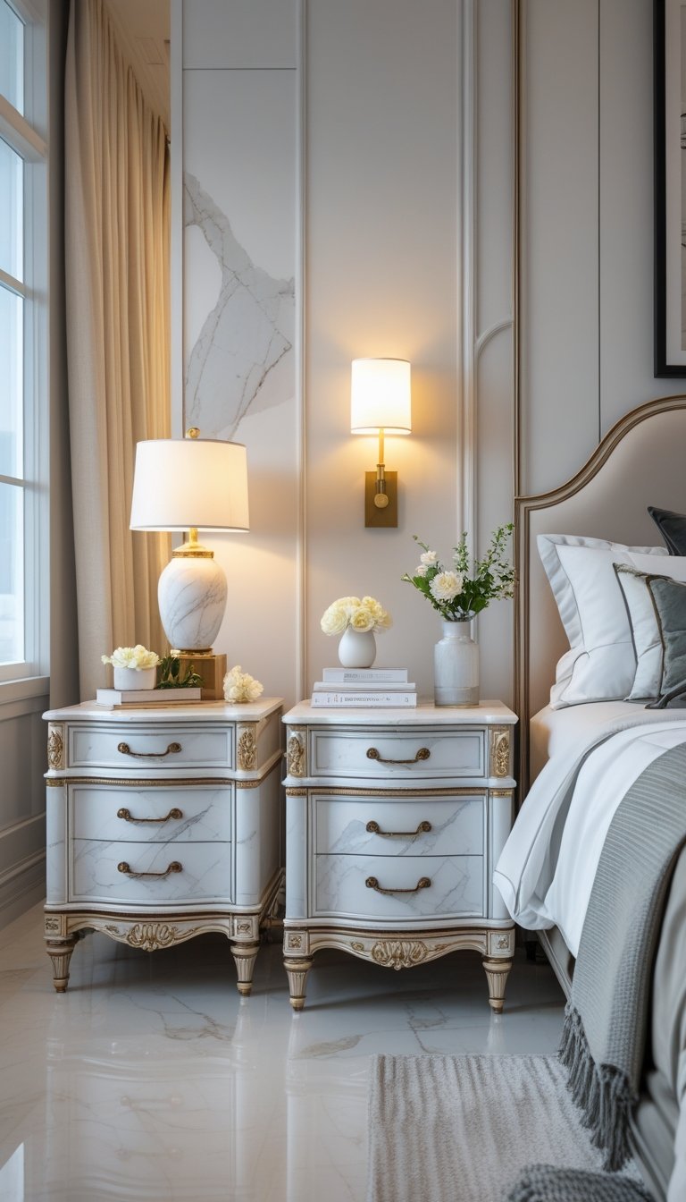 A bedroom with two marble-topped nightstands beside a bed, each holding a lamp, flowers, and books.