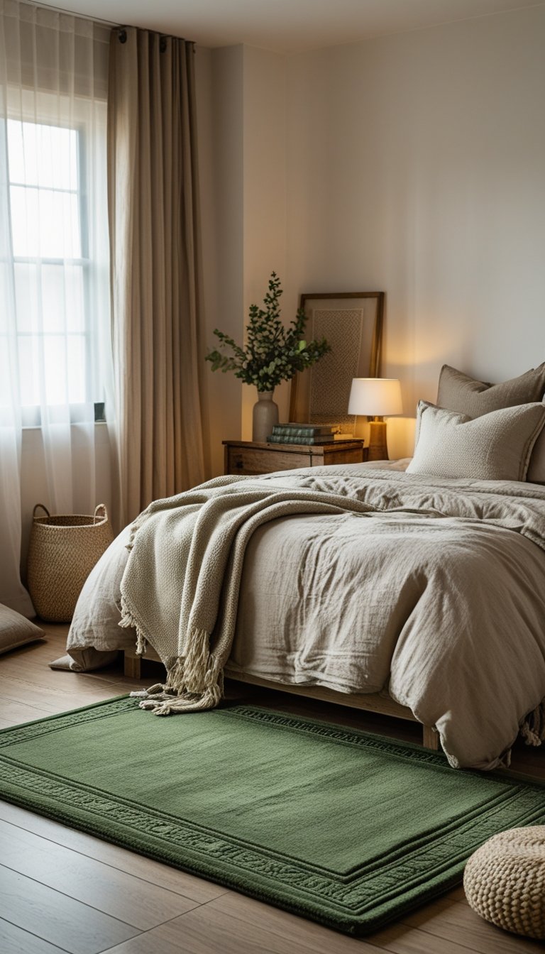 A bedroom with a moss green area rug on wooden floors, a bed with neutral bedding, and wooden furniture in soft natural light.