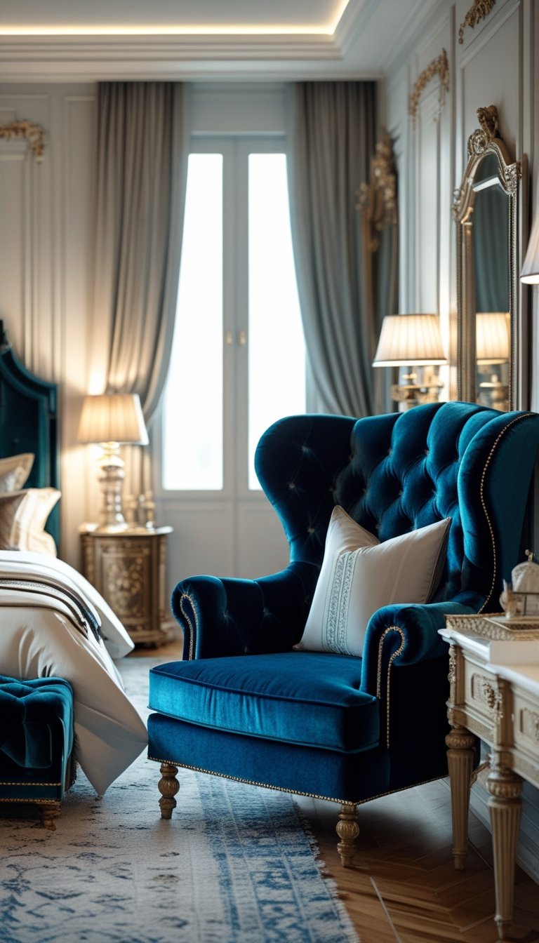 A bedroom with velvet tufted armchairs near a window, a bed, and bedside tables with lamps.