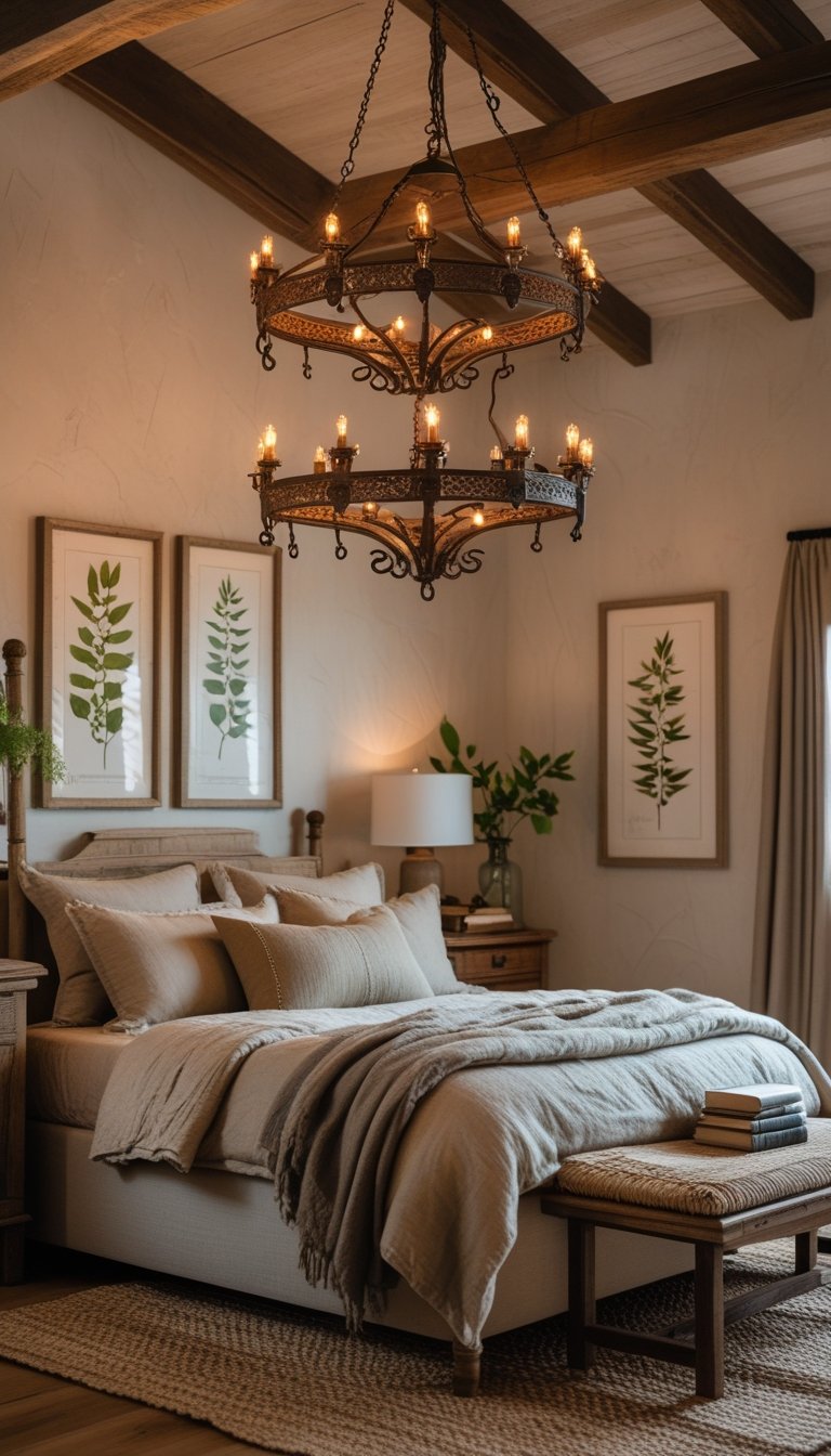 A warmly lit bedroom with a wrought iron chandelier hanging from a wooden ceiling, featuring a large bed with layered bedding and wooden furniture.