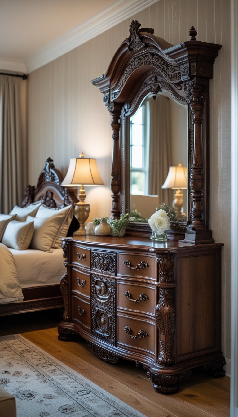 A bedroom with a carved wooden dresser, a bed with pillows, and soft lighting creating a warm and inviting atmosphere.
