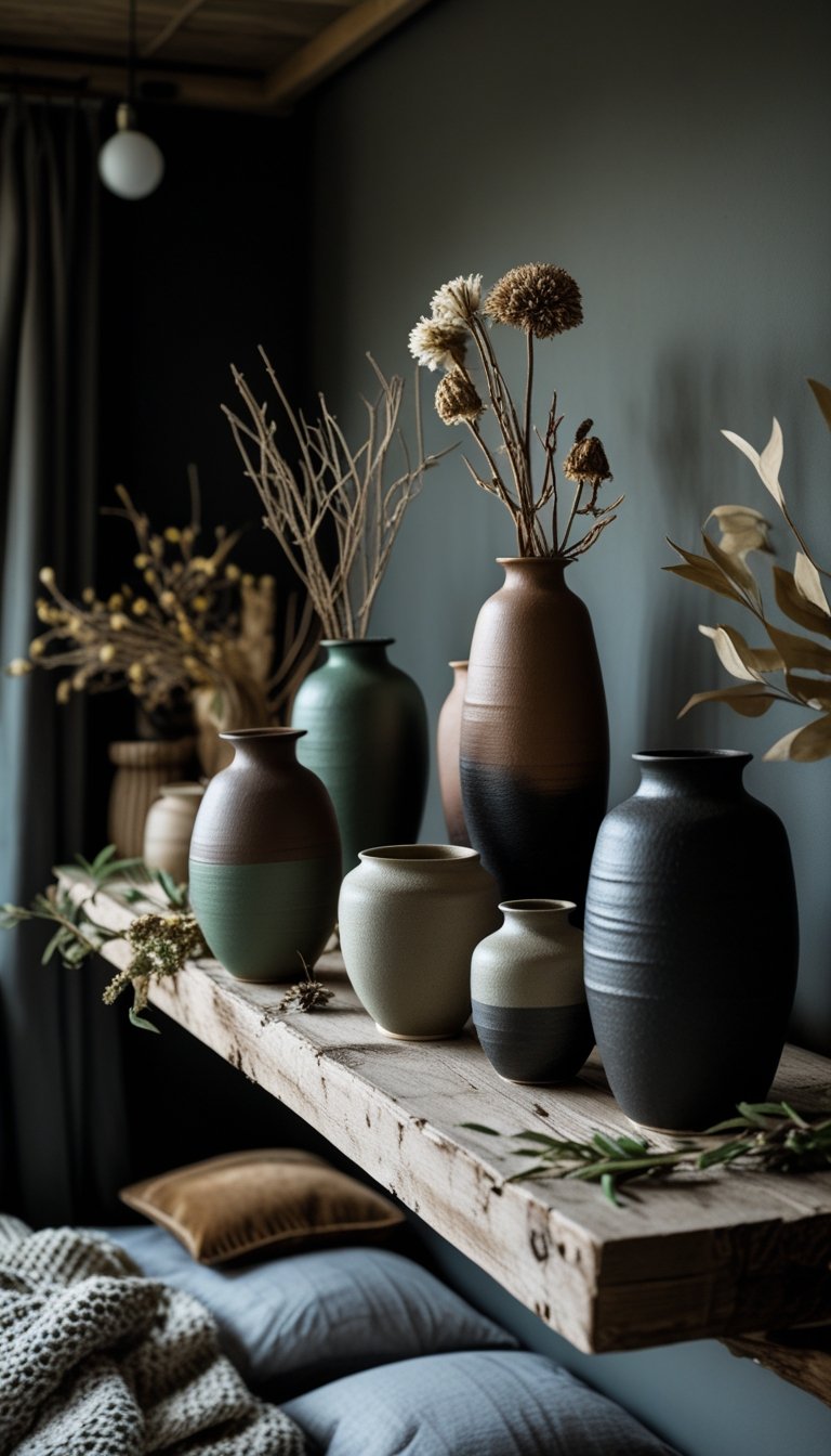 A collection of handmade ceramic vases displayed on a wooden shelf in a dimly lit bedroom with plants and rustic furniture.