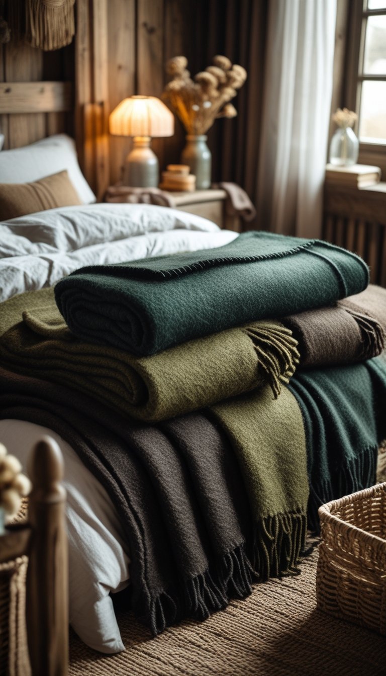 A cozy bedroom with a bed covered in layered wool blankets in dark earthy colors, surrounded by rustic wooden furniture and soft natural light.