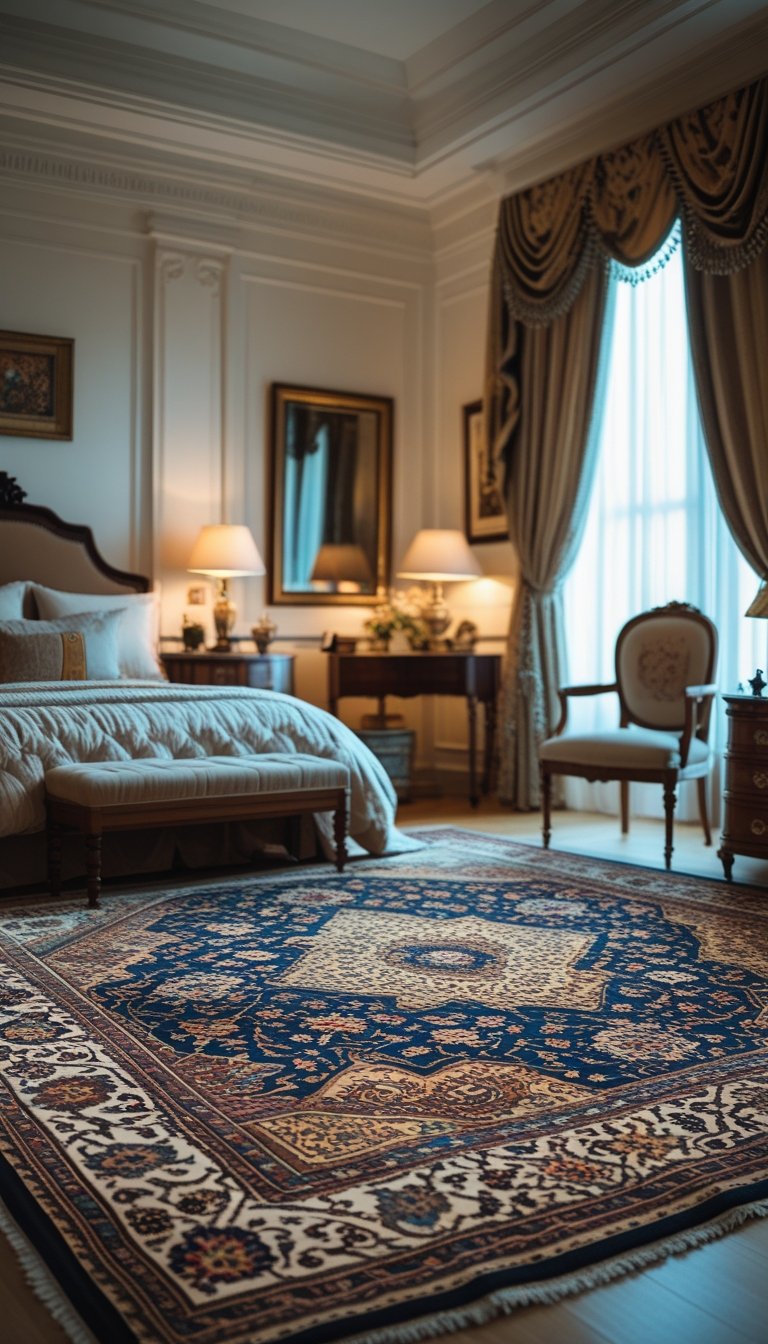 A cozy bedroom with a bed, vintage furniture, patterned rugs on the floor, and soft lighting.