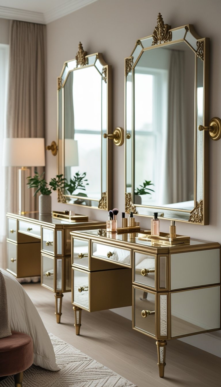 A bedroom scene with two mirrored vanity tables featuring brass frames and decorative items, softly lit by natural light.