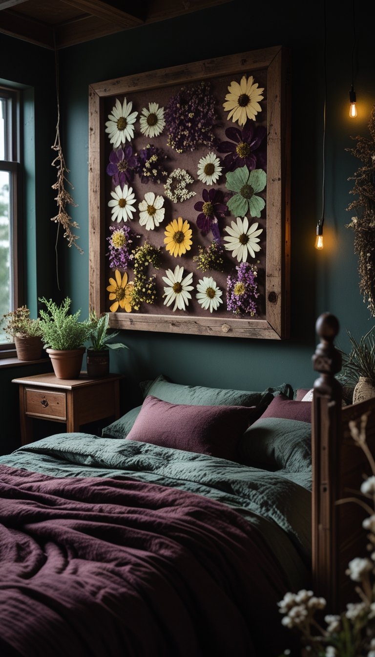 A cozy bedroom with dark walls featuring a large pressed flower art piece on the wall, surrounded by wooden furniture and plants.