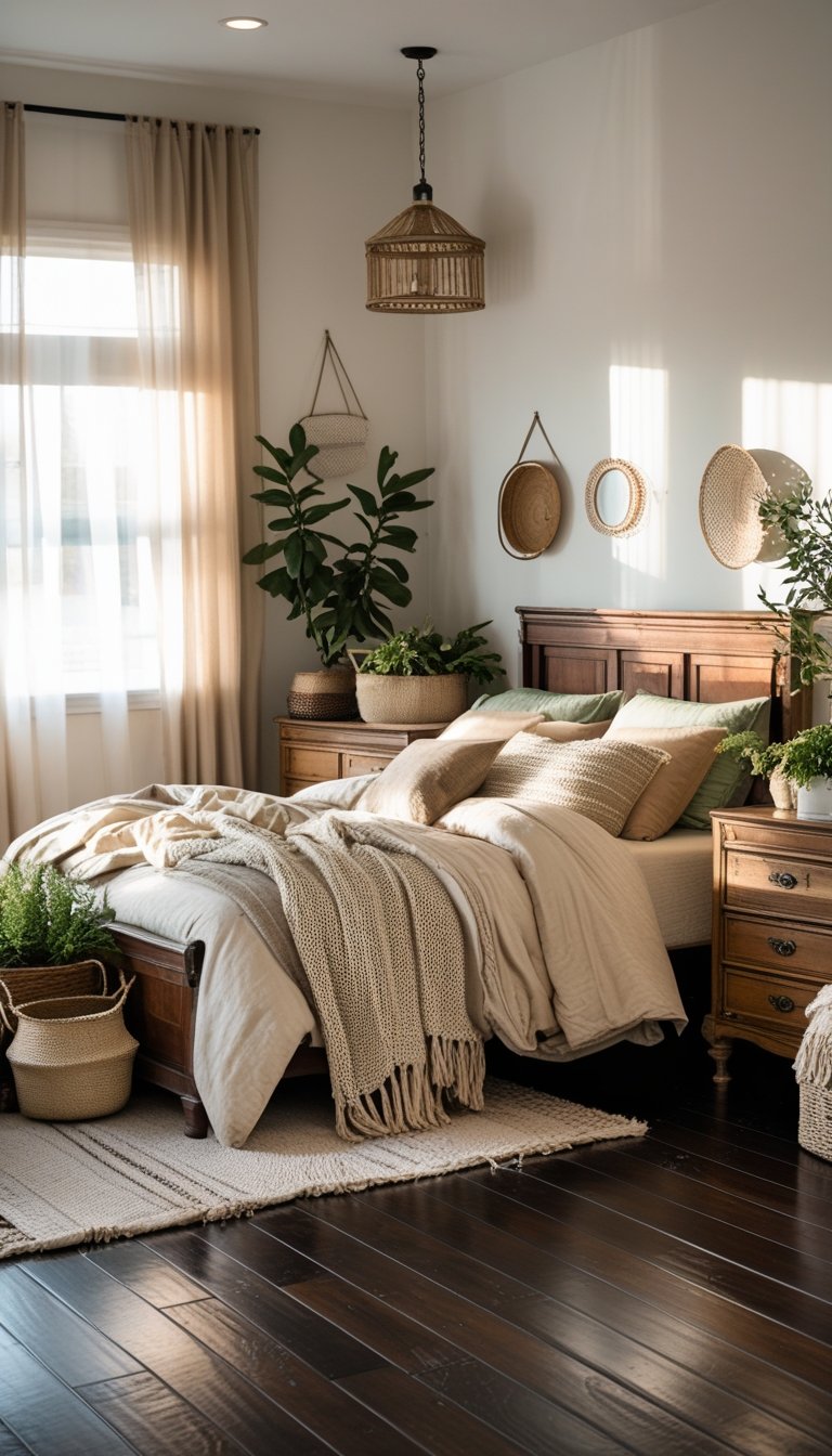 A cozy bedroom with dark stained hardwood floors, a neatly made bed, wooden furniture, and natural light coming through sheer curtains.