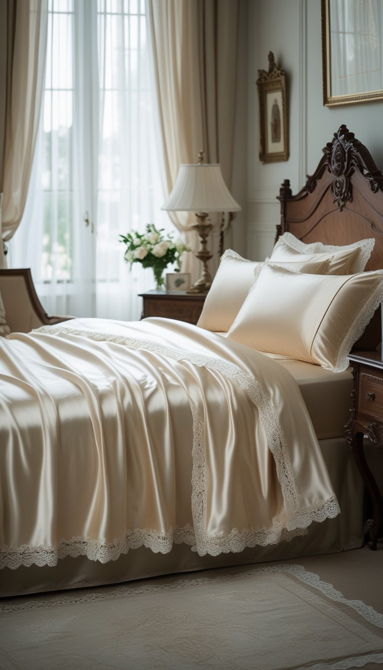 A neatly made bed with smooth silk bedding featuring lace trim in a softly lit bedroom with classic wooden furniture and decorative accents.