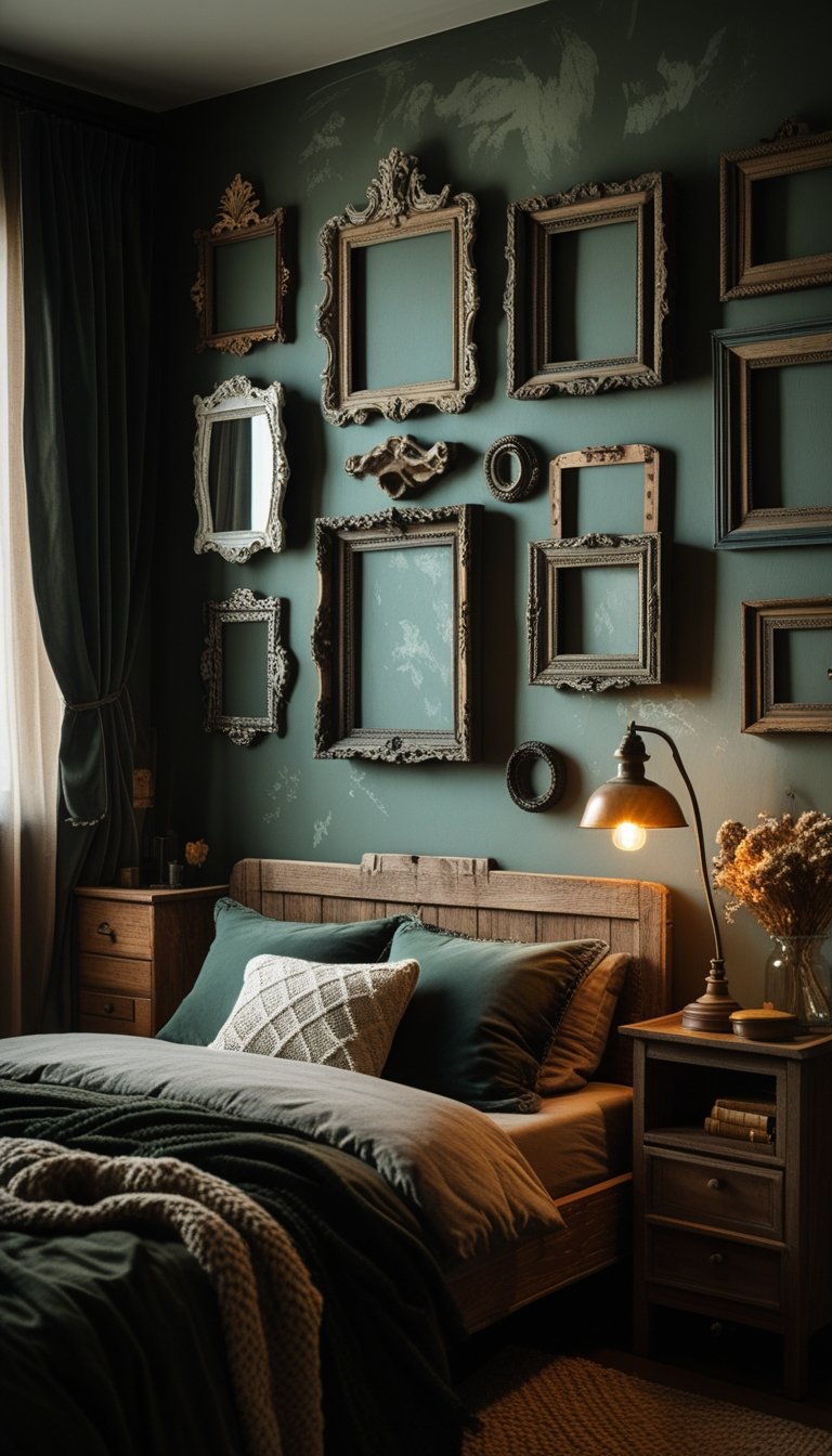 A cozy bedroom with a collection of mismatched vintage picture frames on the wall, a wooden bed with dark bedding, and a nightstand holding a lamp, dried flowers, and books.