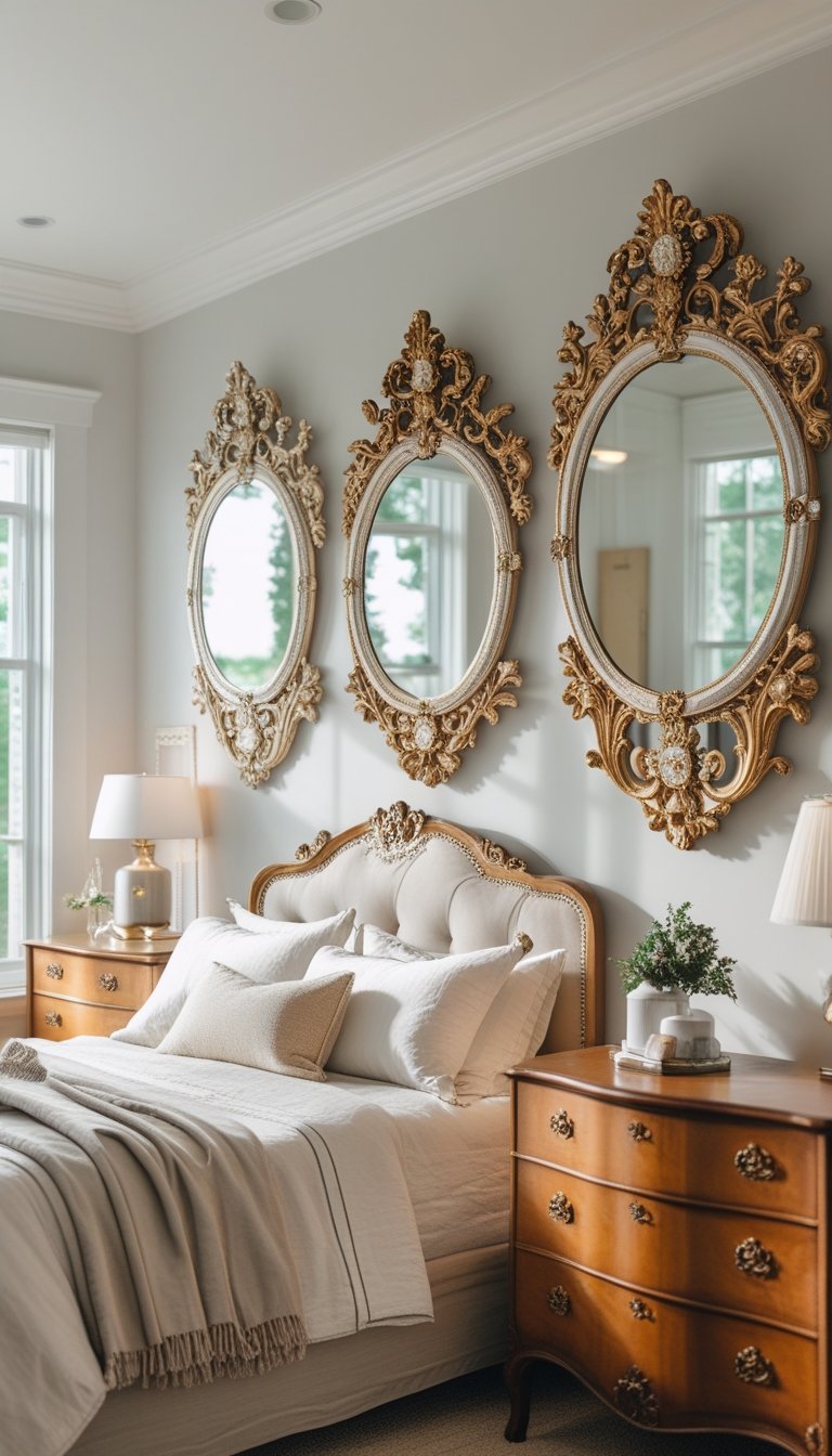 A bedroom with decorative mirrors featuring ornate frames hanging above a wooden dresser, with a neatly made bed and soft natural lighting.