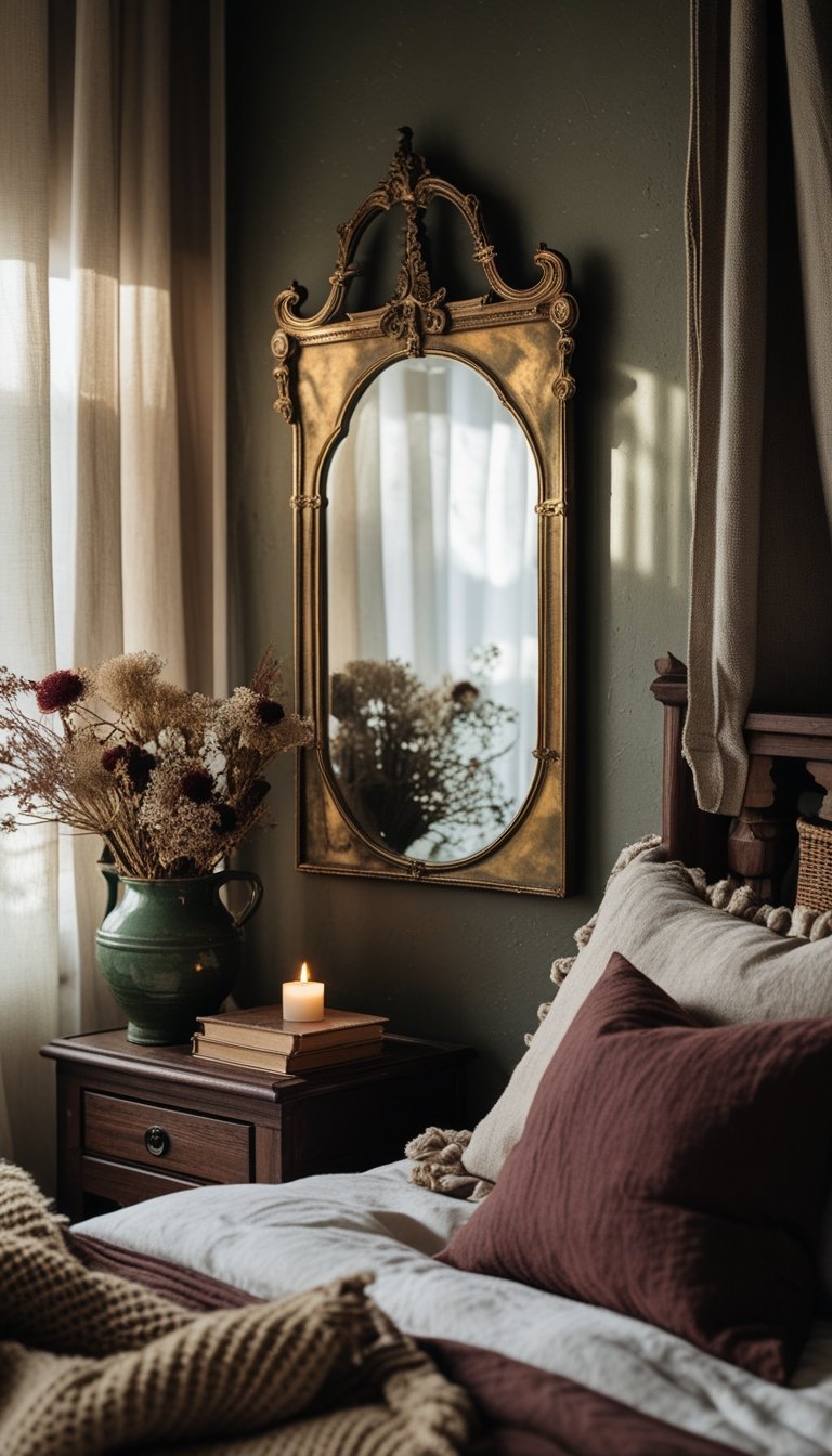 A cozy bedroom corner with a tarnished brass mirror on the wall, wooden furniture, dried flowers, and layered textiles in warm colors.