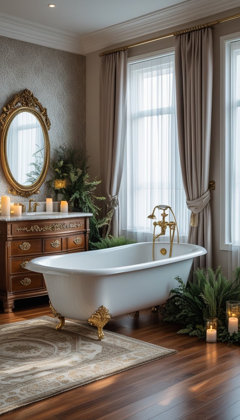 A bedroom with a white clawfoot bathtub, a bed, a large mirror, and soft natural light coming through tall windows.