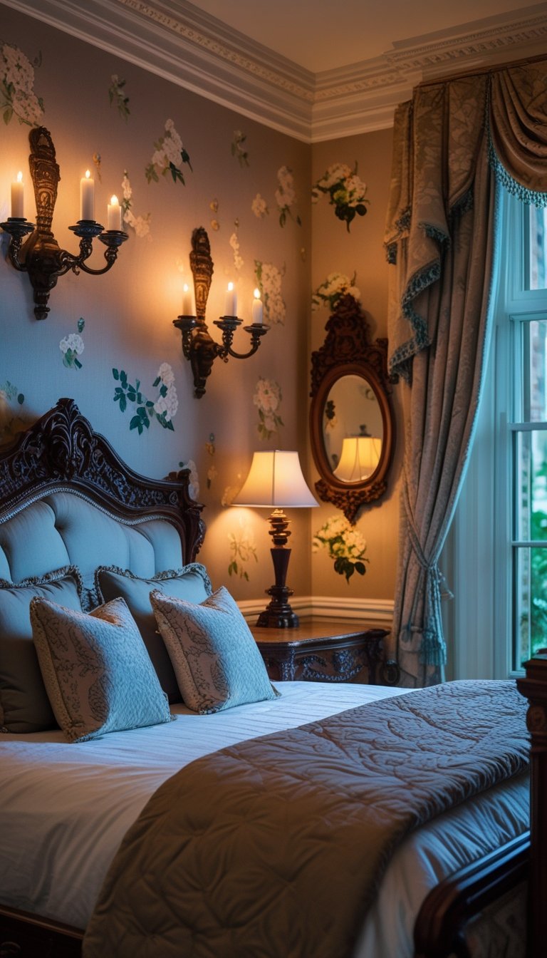 A cozy bedroom with a large bed, wooden furniture, candle sconces on the walls, and warm ambient lighting.
