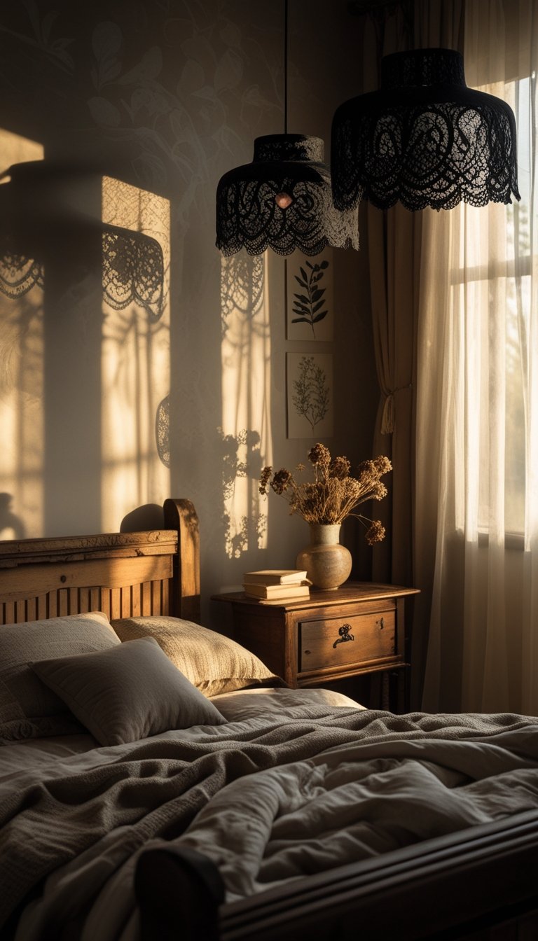 A dimly lit bedroom with a wooden bed, black lace lampshades casting shadows, rustic furniture, and soft warm lighting.