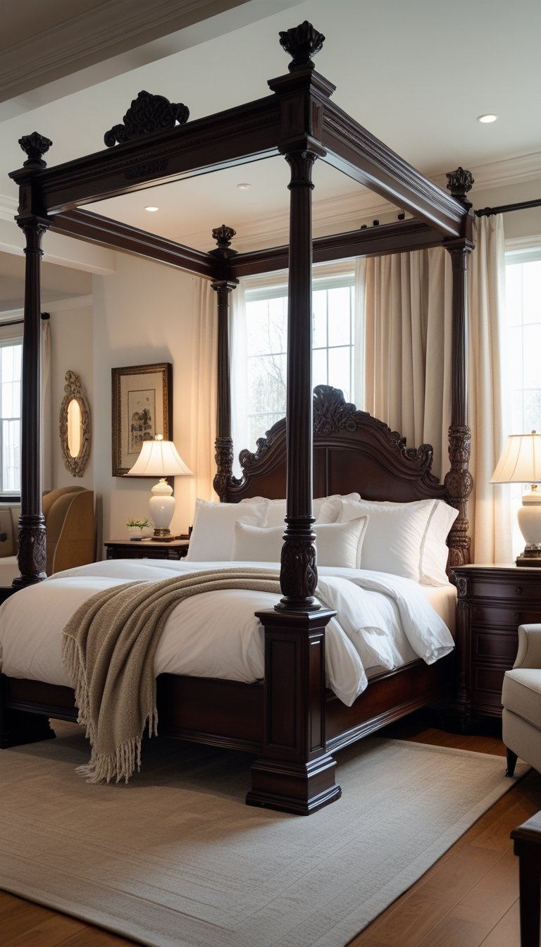 A bedroom with a dark wood four-poster bed, white bedding, nightstands with lamps, hardwood floor, and natural light coming through windows.