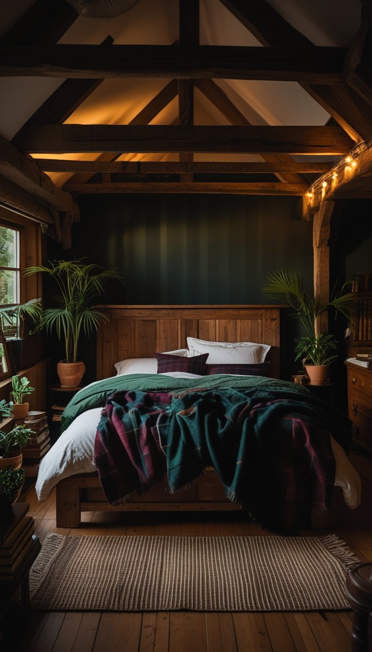A bedroom with a wooden bed covered in dark plaid blankets, surrounded by plants and vintage furniture under warm lighting.