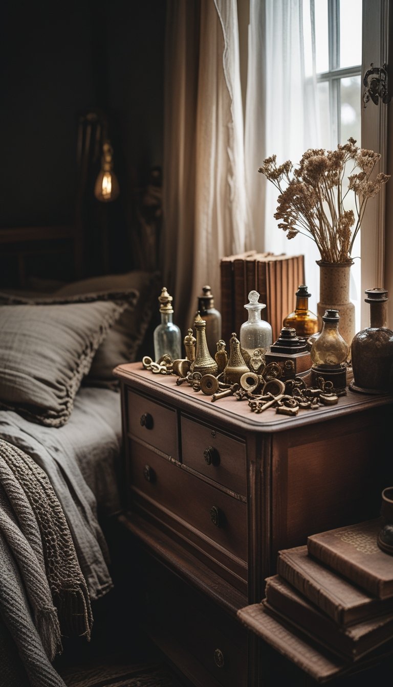 A cozy bedroom corner with a wooden dresser displaying various antique trinkets, a bed with layered linens, and soft natural light coming through a window.