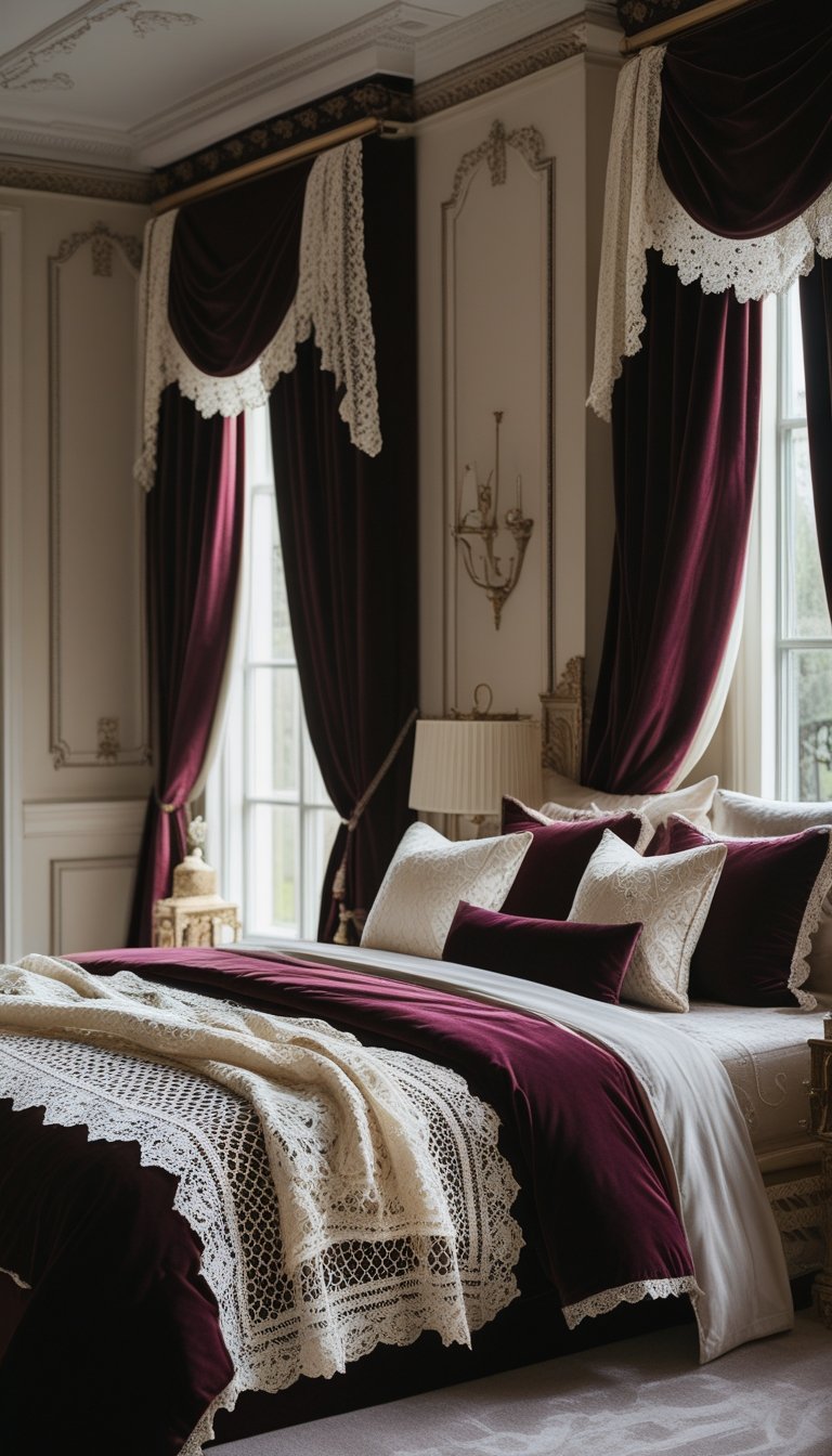A bedroom with a bed layered with velvet cushions and lace-trimmed pillows, velvet curtains by the window, and a lace-patterned throw blanket.