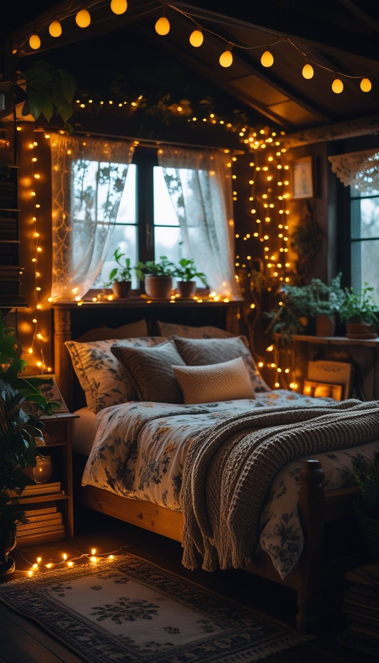 A cozy bedroom softly lit by amber fairy lights with a wooden bed, plush pillows, plants, and vintage decor.