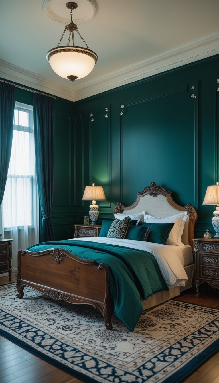 A bedroom with deep green and navy blue accent walls, a wooden bed with bedding, bedside tables, lamps, and natural light coming through windows.