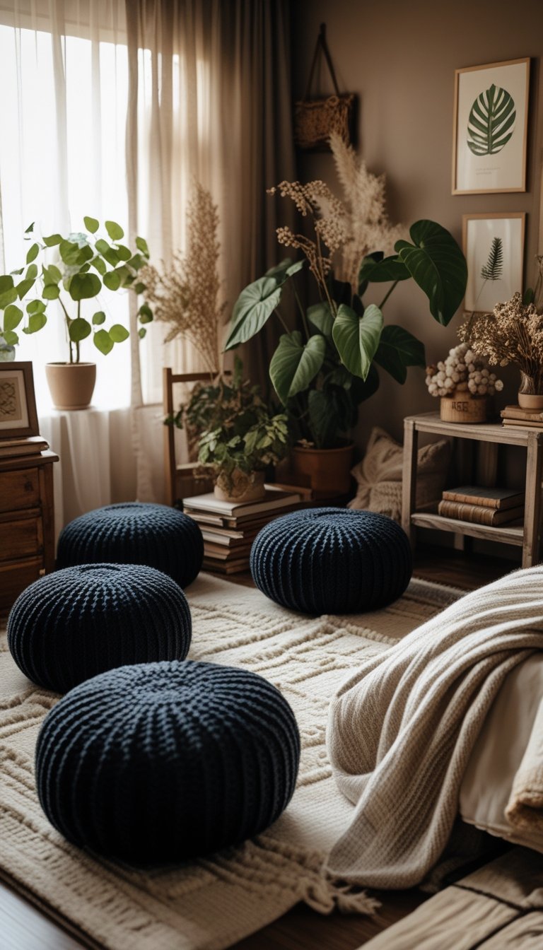 A bedroom corner with dark knitted poufs on a rug, wooden furniture, plants, and soft textiles creating a warm and inviting atmosphere.
