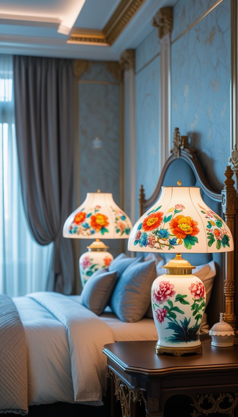 A cozy bedroom with a bed and two bedside tables holding decorative ceramic lamps emitting warm light.