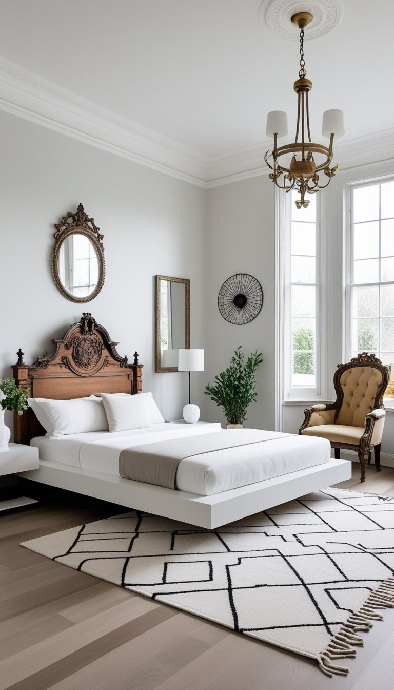 A bright bedroom with a bed, an armchair, a floor lamp, and a mirror, combining different furniture styles and natural light.