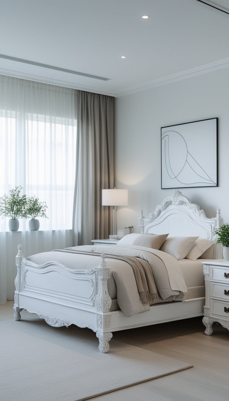 A bright bedroom with a whitewashed bed, bedside tables, soft natural light, and modern decorative accents.
