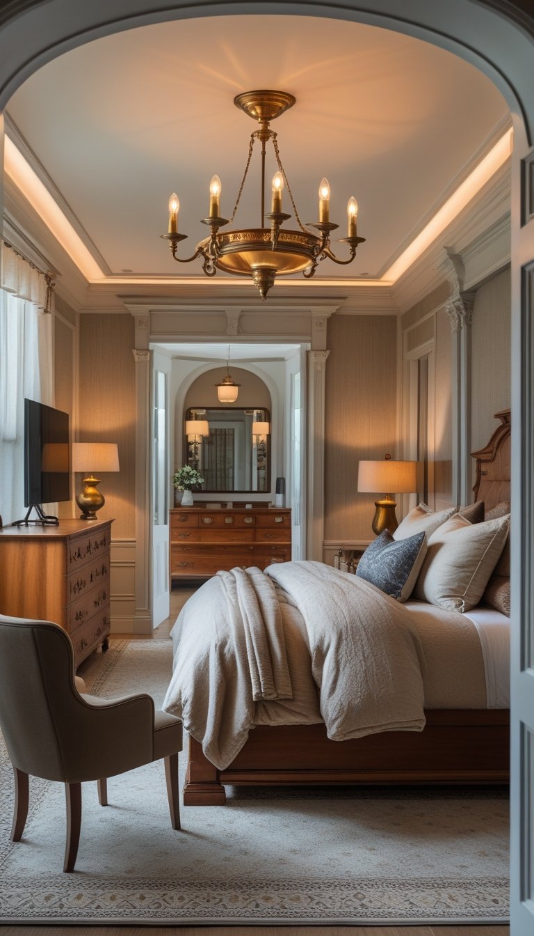 A warmly lit bedroom with a large bed, brass light fixtures, wooden furniture, and a window with sheer curtains.