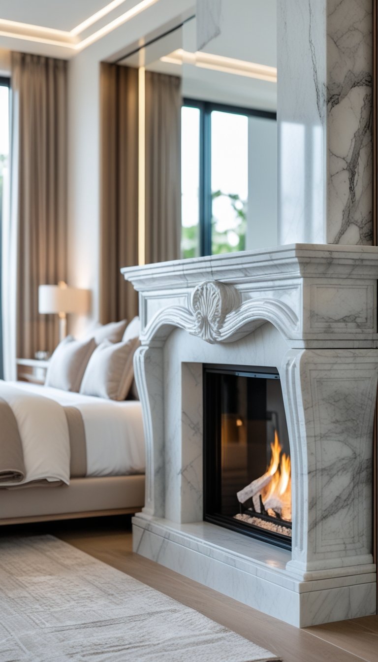 A bedroom with a decorative fireplace featuring a marble mantel, a bed, and natural light coming through windows.