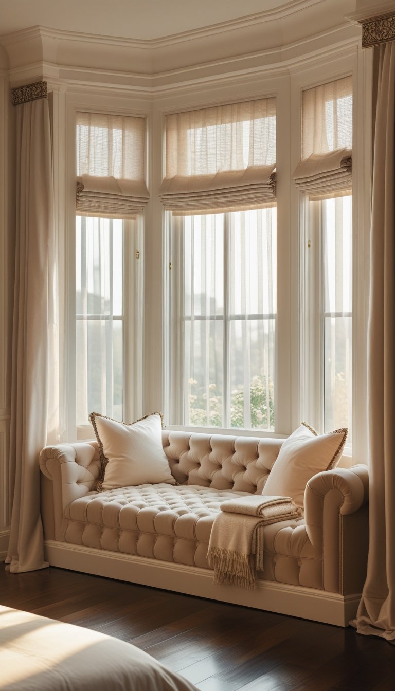 A cozy bedroom with a tufted window seat by large windows, soft cushions, and natural daylight filling the room.