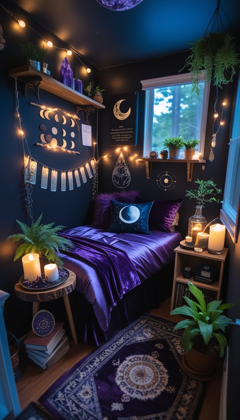 A small bedroom with dark bedding, candles, crystals, plants, and mystical decorations creating a cozy and magical atmosphere.