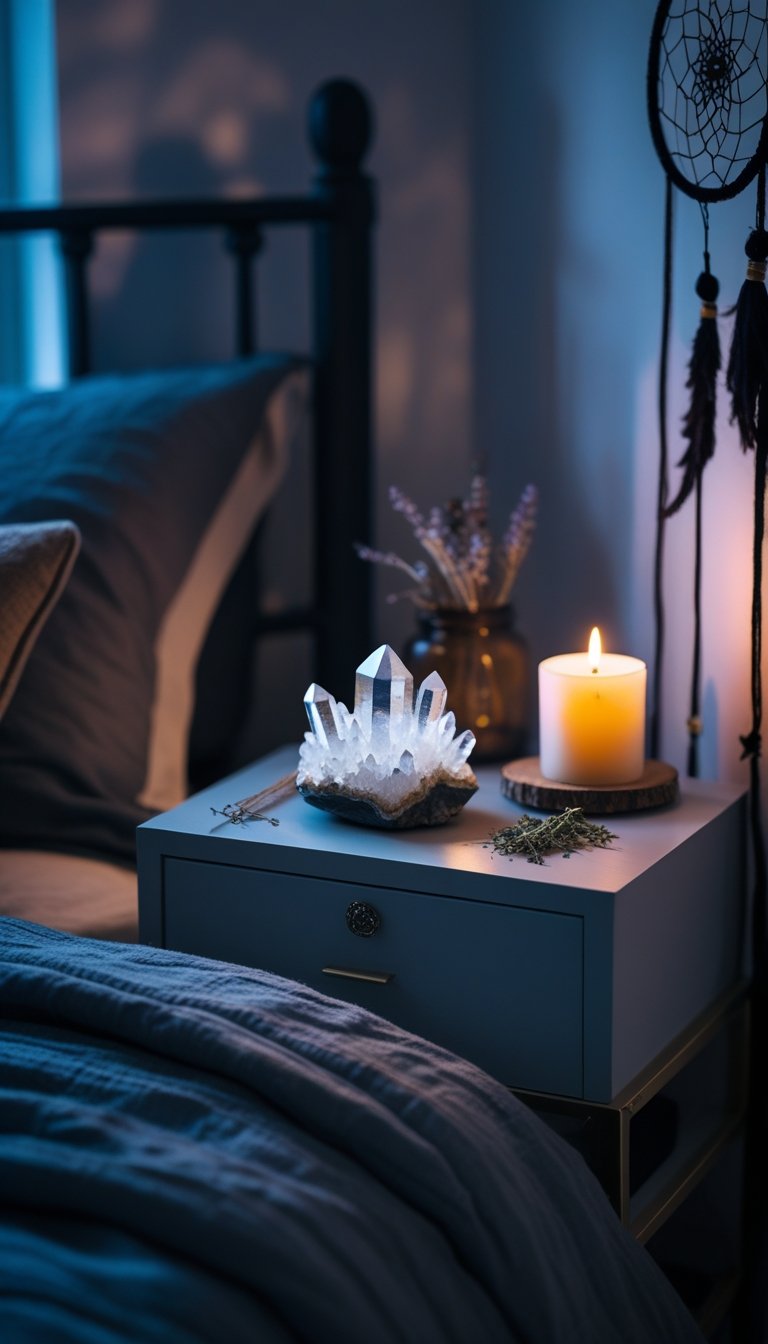 A small nightstand in a bedroom with a crystal cluster centerpiece, a candle, dried herbs, and a book, next to a bed with dark bedding.
