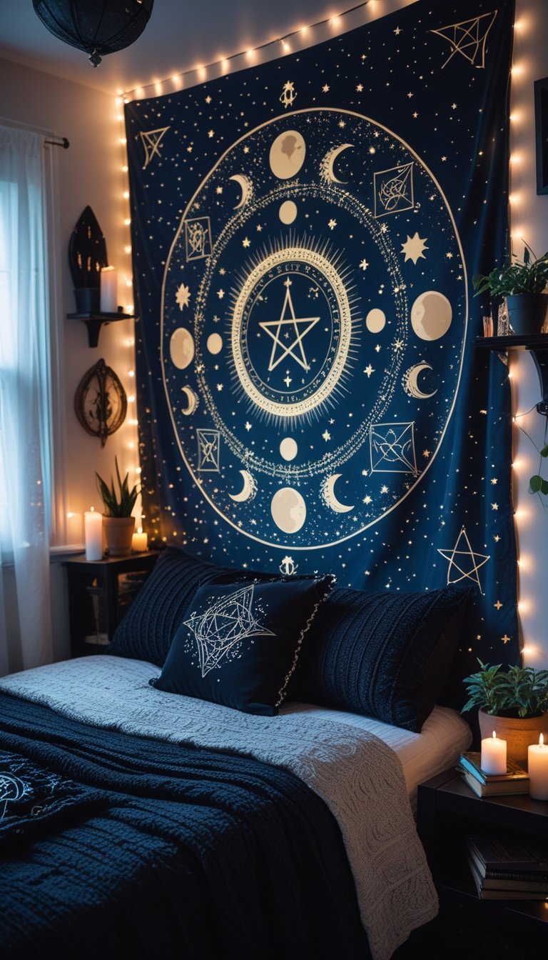 A small bedroom with a large celestial tapestry on the wall, a bed with dark bedding, candles, crystals, and shelves with plants and books.